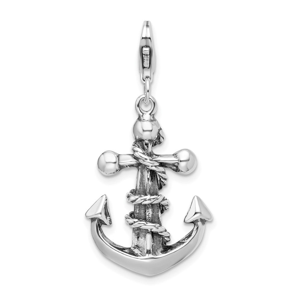 Sterling Silver Amore La Vita Rhodium-Plated Polished 3-D Antiqued Anchor And Rope Charm With Fancy Lobster Clasp