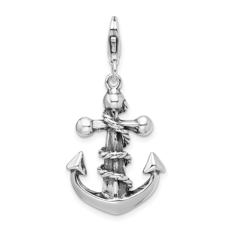 Sterling Silver Amore La Vita Rhodium-Plated Polished 3-D Antiqued Anchor And Rope Charm With Fancy Lobster Clasp
