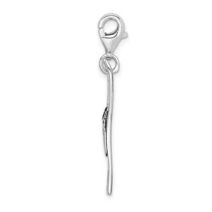 Sterling Silver Amore La Vita Rhodium-Plated Polished 3-D Antiqued Skis Charm With Fancy Lobster Clasp