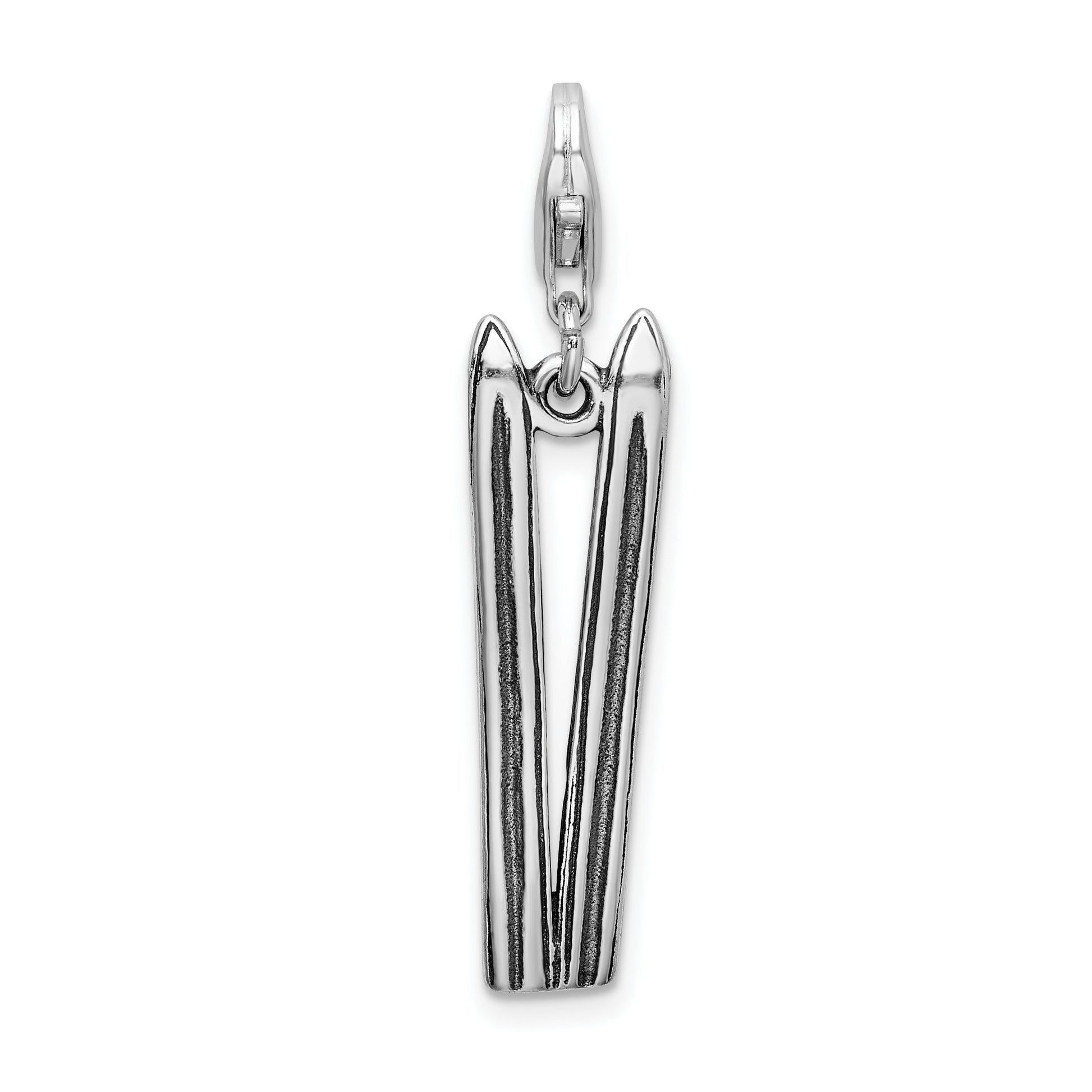 Sterling Silver Amore La Vita Rhodium-Plated Polished 3-D Antiqued Skis Charm With Fancy Lobster Clasp