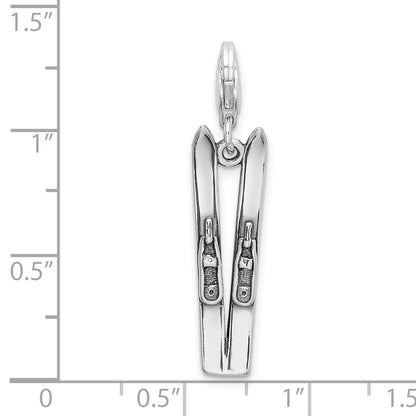 Sterling Silver Amore La Vita Rhodium-Plated Polished 3-D Antiqued Skis Charm With Fancy Lobster Clasp