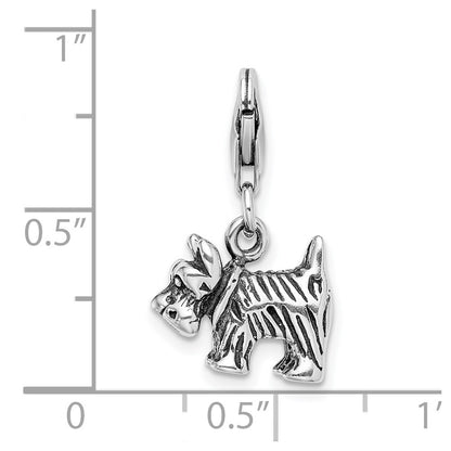 Sterling Silver Amore La Vita Rhodium-Plated Polished 3-D Antiqued Scottie Dog Charm With Fancy Lobster Clasp