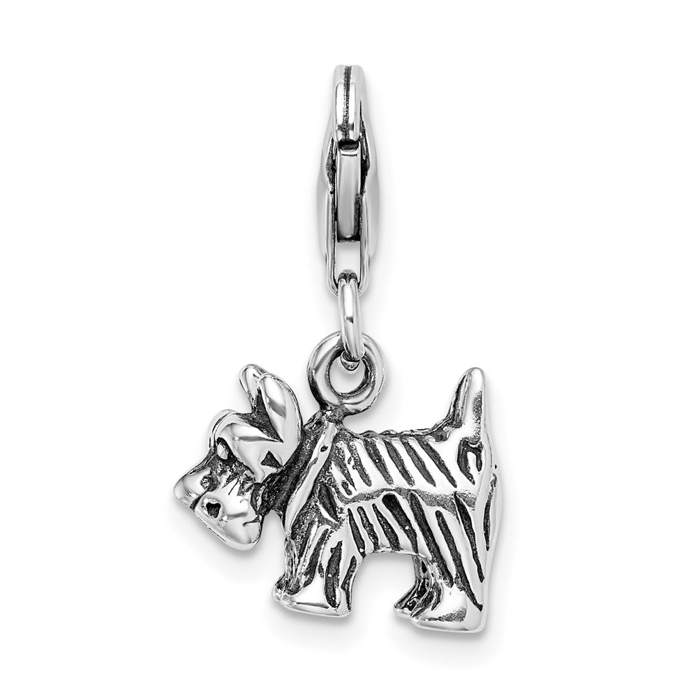 Sterling Silver Amore La Vita Rhodium-Plated Polished 3-D Antiqued Scottie Dog Charm With Fancy Lobster Clasp