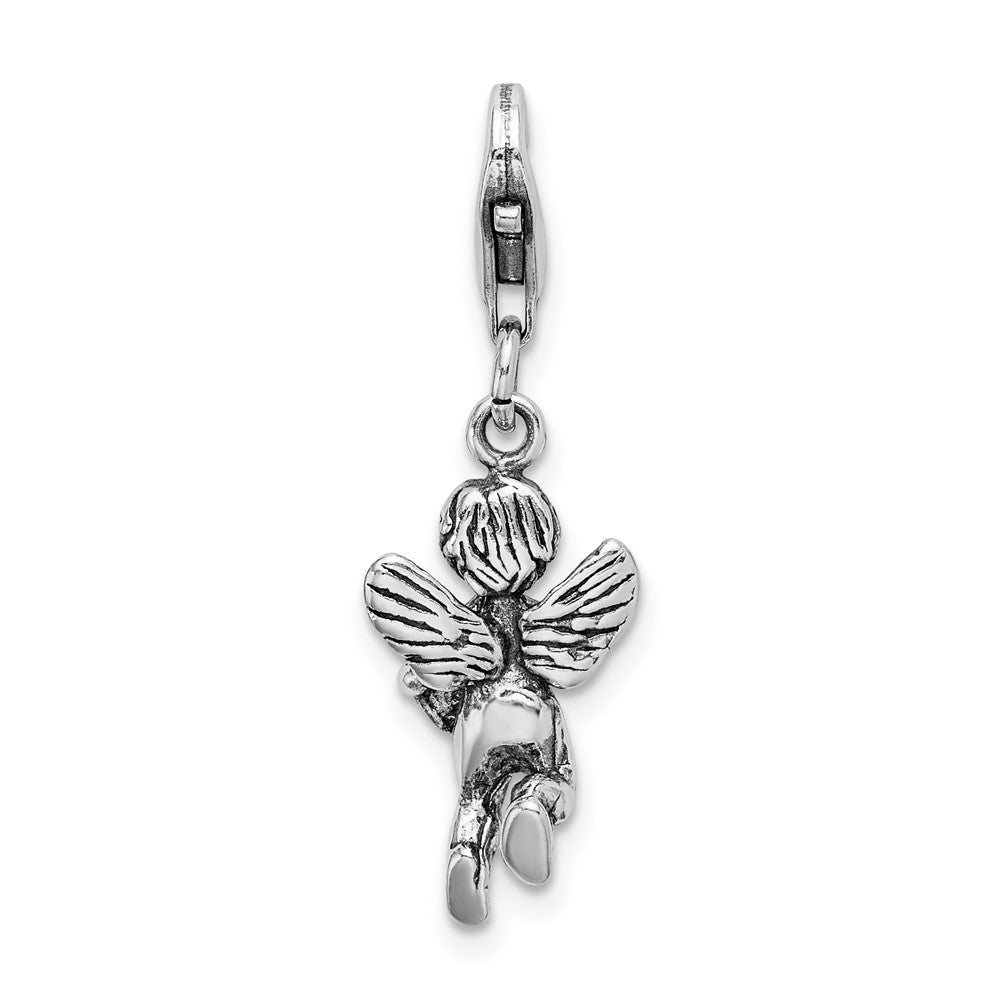 Sterling Silver Amore La Vita Rhodium-Plated Polished 3-D Antiqued Angel With Harp Charm Fancy Lobster Clasp