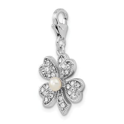 Sterling Silver Amore La Vita Rhodium-Plated Polished Freshwater Cultured Pearl Crystal From Swarovski Clover Charm With Fancy Lobster Clasp