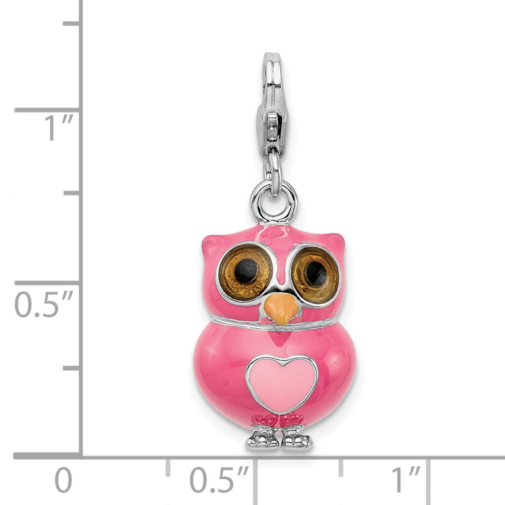Sterling Silver Amore La Vita Rhodium-Plated Polished 3-D Pink Enameled Heart Owl Charm With Fancy Lobster Clasp