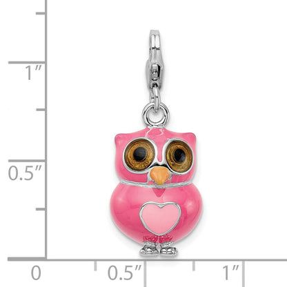 Sterling Silver Amore La Vita Rhodium-Plated Polished 3-D Pink Enameled Heart Owl Charm With Fancy Lobster Clasp