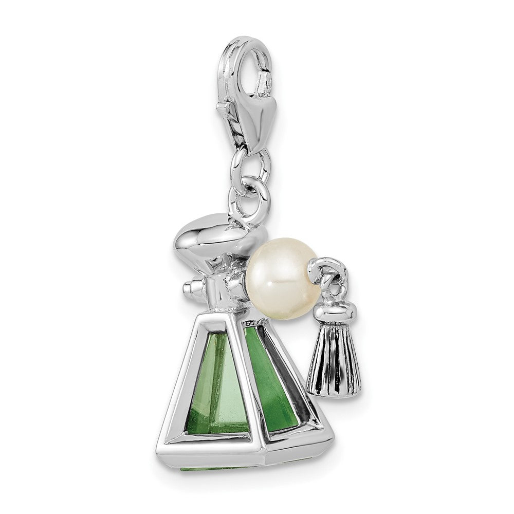 Sterling Silver Amore La Vita Rhodium-Plated Polished 3-D Perfume Freshwater Cultured Pearl Bottle Charm With Fancy Lobster Clasp