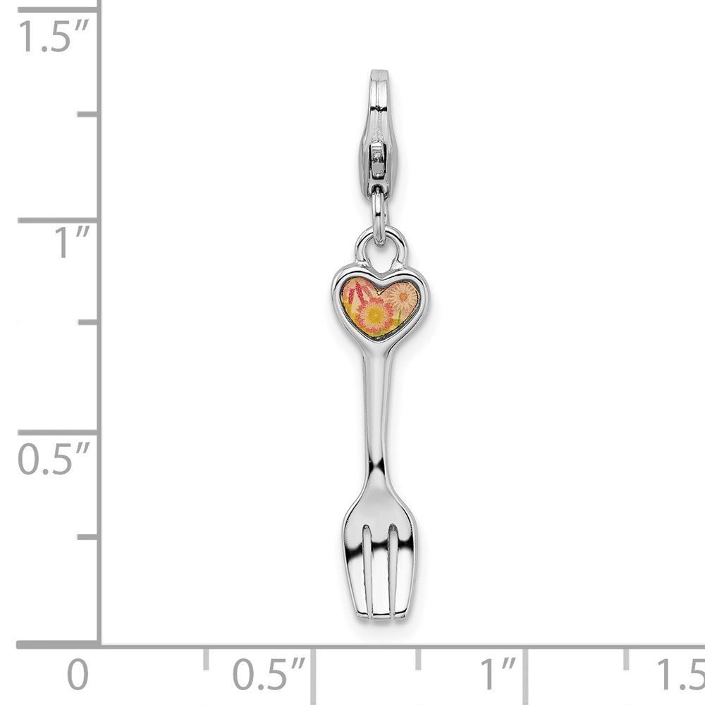 Sterling Silver Rh 3-D Flower Heart Fork W/Lobster Clasp Charm