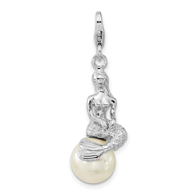 Sterling Silver Amore La Vita Rhodium-Plated 3-D Mother Of Pearl Mermaid Charm With Fancy Lobster Clasp