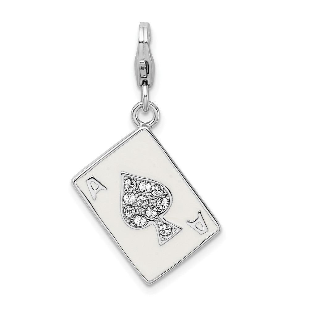 Sterling Silver Amore La Vita Rhodium-Plated Polished 3-D Enameled Swarovski Crystal Ace Charm With Fancy Lobster Clasp