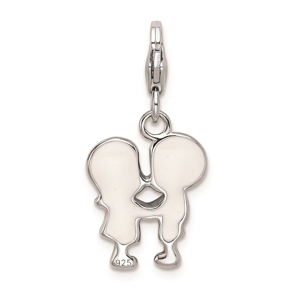 Sterling Silver Amore La Vita Rhodium-Plated Polished Enameled Kissing Couple Charm With Fancy Lobster Clasp