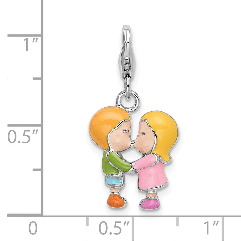 Sterling Silver Amore La Vita Rhodium-Plated Polished Enameled Kissing Couple Charm With Fancy Lobster Clasp