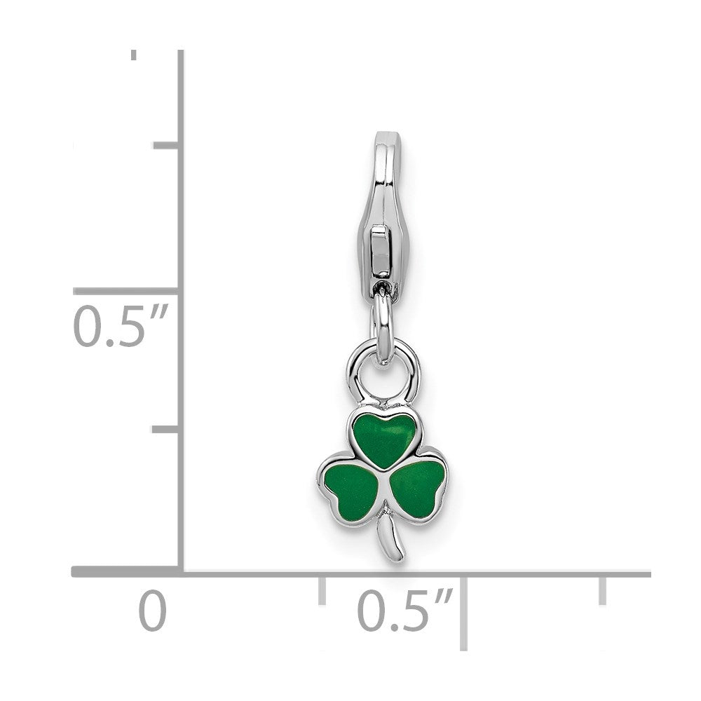 Sterling Silver Amore La Vita Rhodium-Plated Polished 3-D Green Enameled Clover Charm With Fancy Lobster Clasp