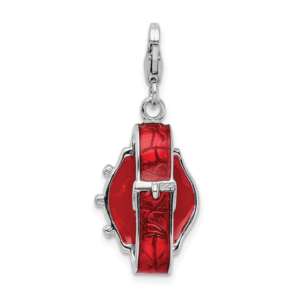 Sterling Silver Amore La Vita Rhodium-Plated Polished 3-D Red Enameled Watch Charm With Fancy Lobster Clasp