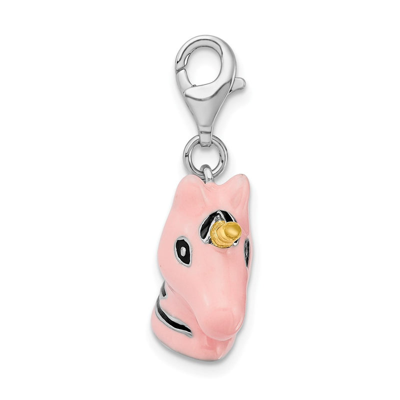 Sterling Silver Amore La Vita Rhodium-Plated Polished 3-D Pink Enameled Unicorn Head Charm With Fancy Lobster Clasp