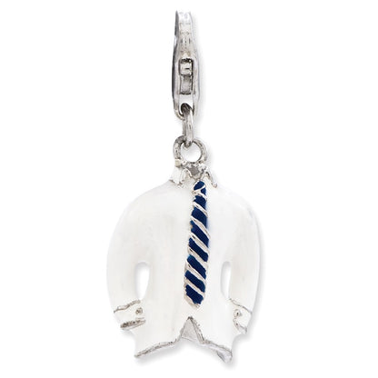 Sterling Silver Ss Rh 3-D Enameled Collared Shirt And Tie W/Lobster Clasp Charm
