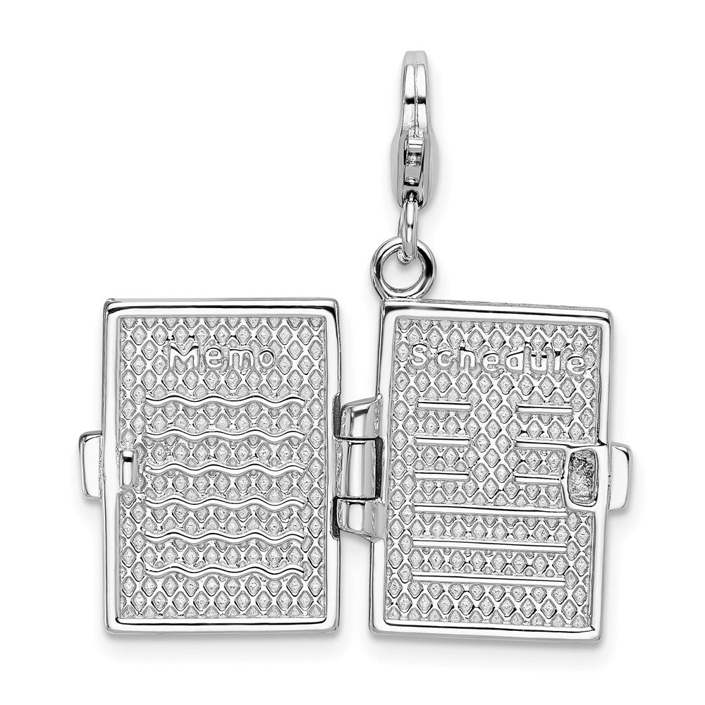 Sterling Silver Amore La Vita Rhodium-Plated Polished 3-D Moveable Crystal From Swarovski Enameled Note Book Charm With Fancy Lobster Clasp