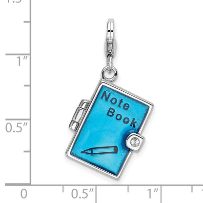 Sterling Silver Amore La Vita Rhodium-Plated Polished 3-D Moveable Crystal From Swarovski Enameled Note Book Charm With Fancy Lobster Clasp