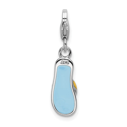 Sterling Silver Amore La Vita Rhodium-Plated Polished 3-D Enameled Flower Flip Flop Charm With Fancy Lobster Clasp