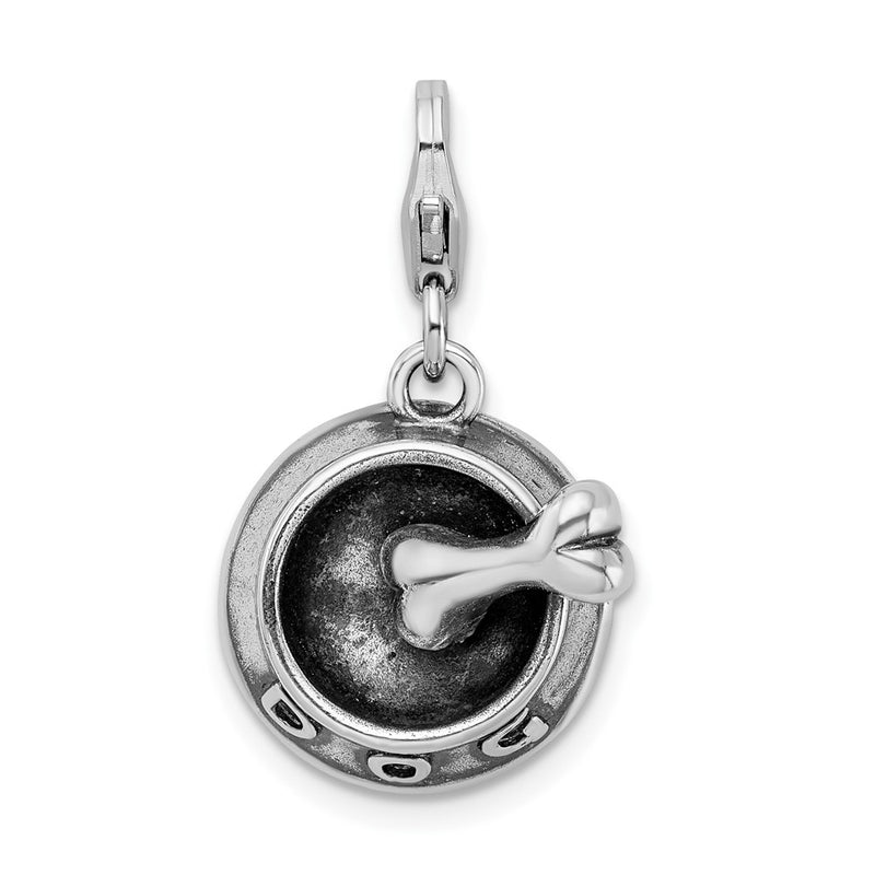 Sterling Silver Amore La Vita Rhodium-Plated Polished 3-D Dog Bowl And Bone Charm With Fancy Lobster Clasp