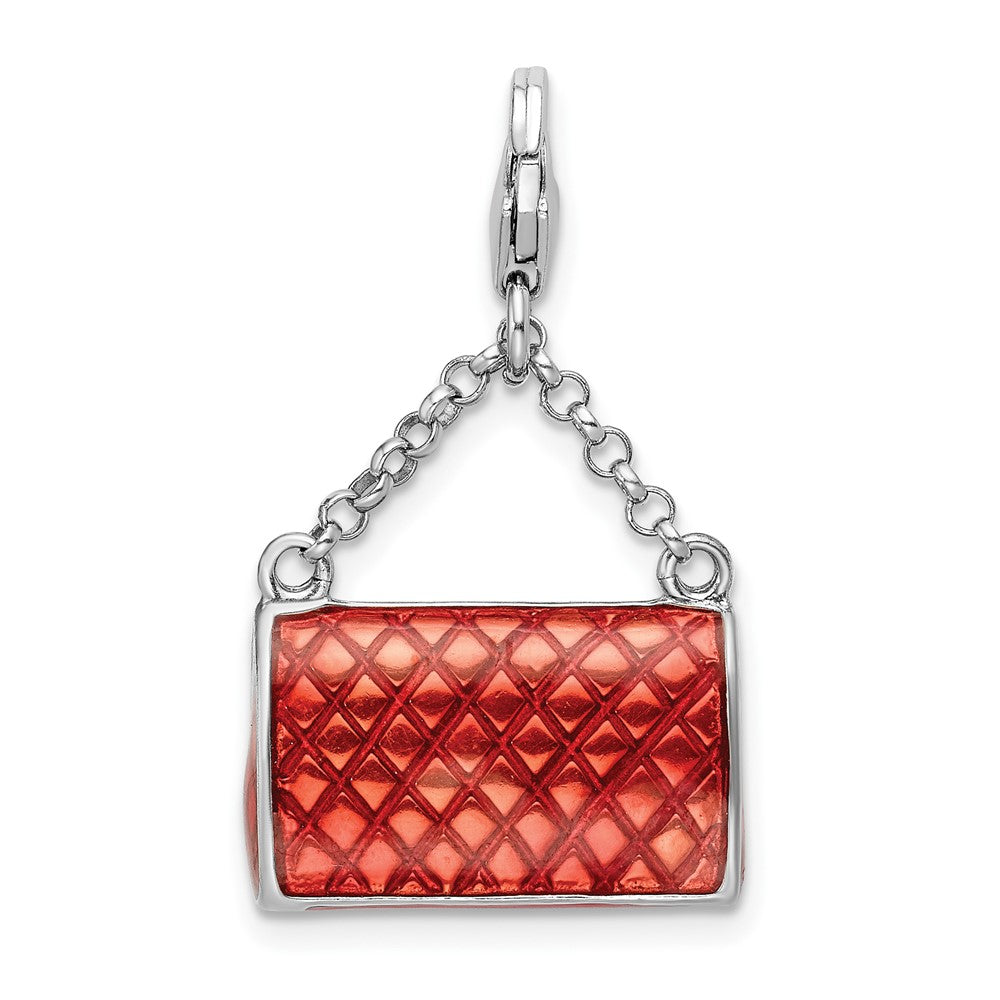 Sterling Silver Amore La Vita Rhodium-Plated Polished 3-D Enameled With Swarovski Crystal Purse Charm Fancy Lobster Clasp