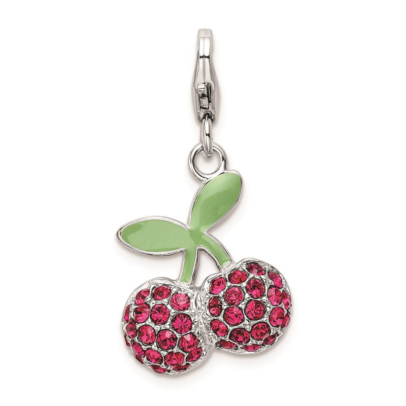 Sterling Silver Rh Enameled 3-D Cherries W/Lobster Clasp Charm