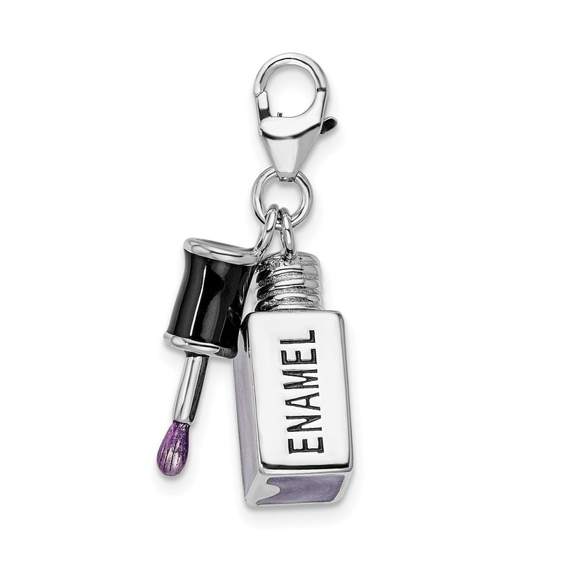 Sterling Silver Amore La Vita Rhodium-Plated Polished 3-D Enameled Nail Charm With Fancy Lobster Clasp
