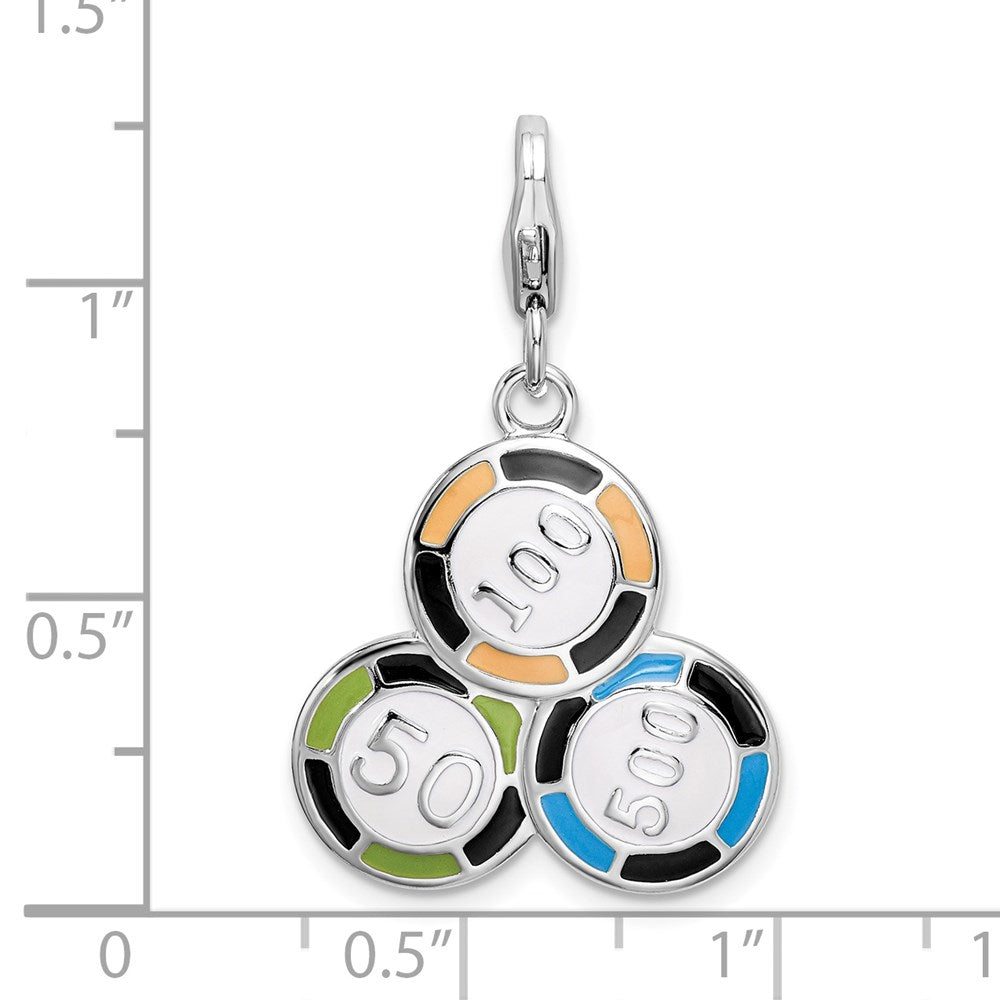 Sterling Silver Amore La Vita Rhodium-Plated Polished Enameled Casino Chips Charm With Fancy Lobster Clasp