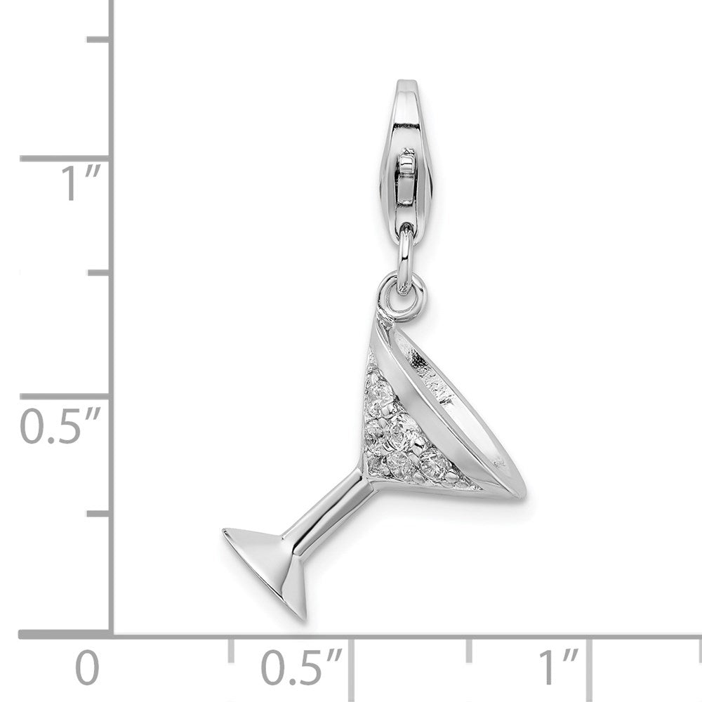 Sterling Silver Amore La Vita Rhodium-Plated Polished 3-D Cz Martini Glass Charm With Fancy Lobster Clasp