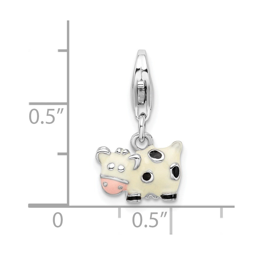 Sterling Silver Amore La Vita Rhodium-Plated Polished 3-D Enameled Cow Charm With Fancy Lobster Clasp