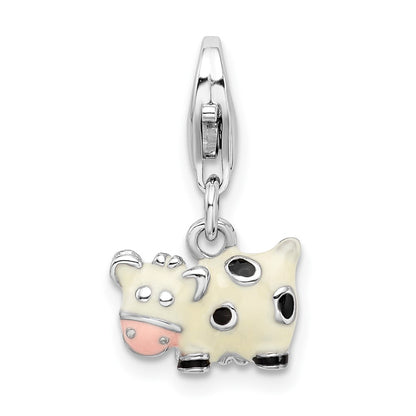 Sterling Silver Amore La Vita Rhodium-Plated Polished 3-D Enameled Cow Charm With Fancy Lobster Clasp