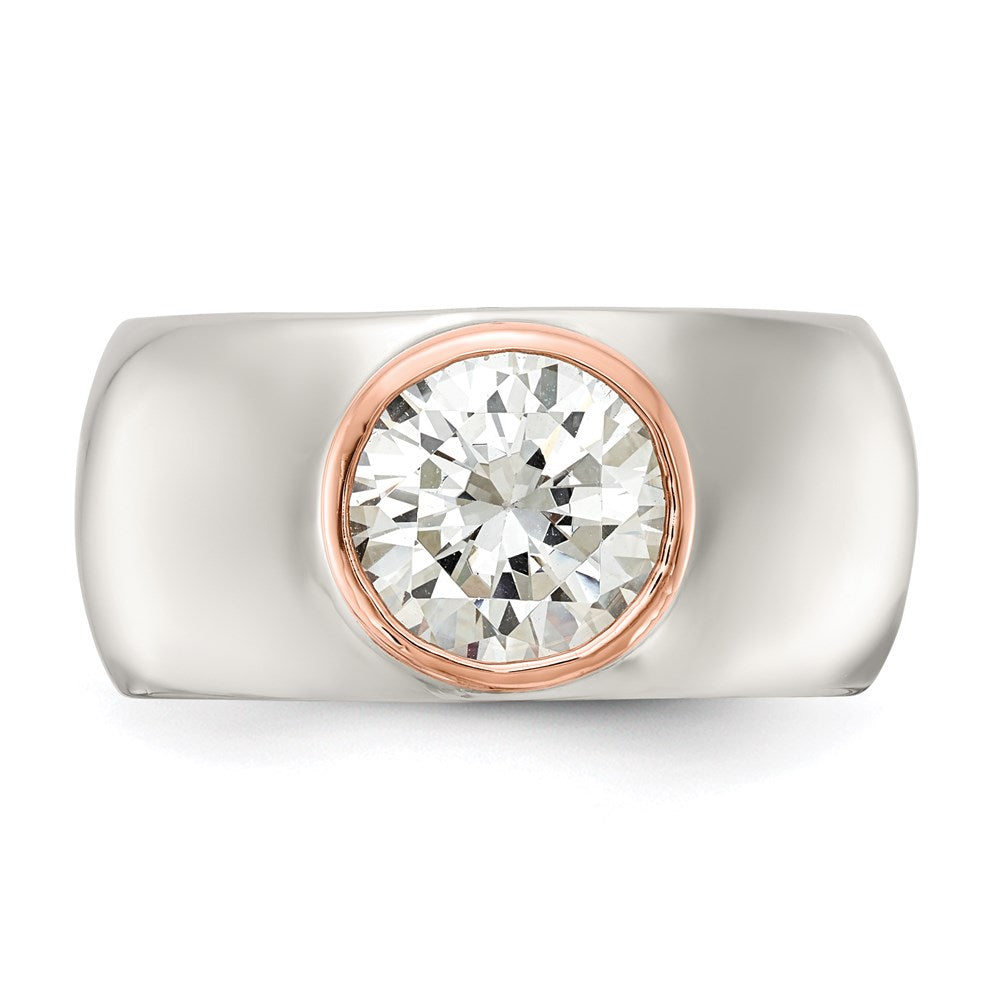 Sterling Silver Cheryl M Rhodium-Plated And Rose Gold-Plated Accent Brilliant-Cut Cz Bezel Ring
