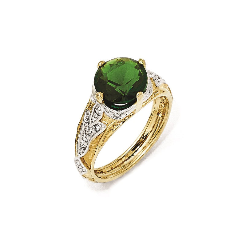 Sterling Silver Gold-Plated Glass Simulated Emerald & Cz Ring
