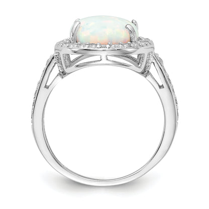 Sterling Silver Cheryl M Rhodium-Plated Cabochon Lab Created Opal And Brilliant-Cut Cz Oval Halo Ring