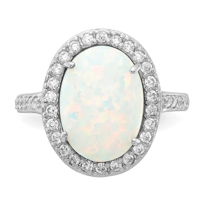 Sterling Silver Cheryl M Rhodium-Plated Cabochon Lab Created Opal And Brilliant-Cut Cz Oval Halo Ring