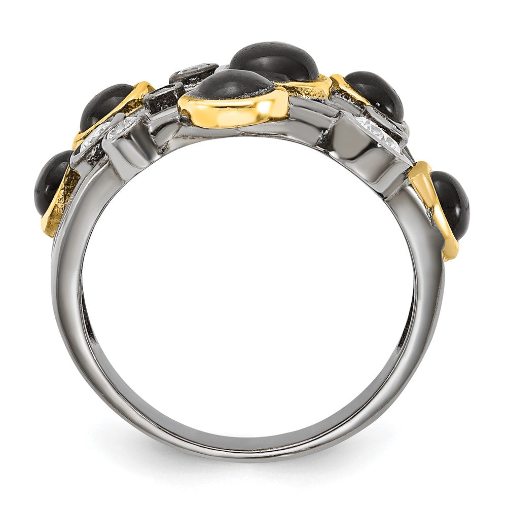 Sterling Silver Cheryl M Black Rhodium W/Gold-Plating Onyx & Cz Ring