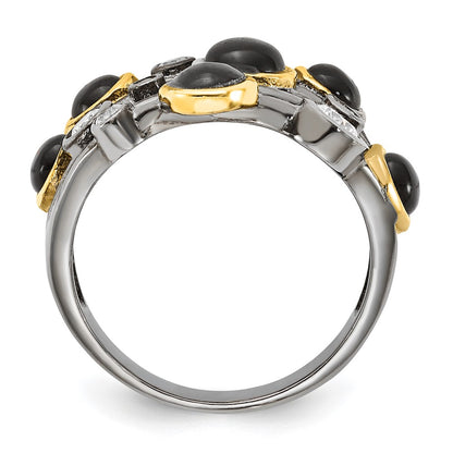 Sterling Silver Cheryl M Black Rhodium W/Gold-Plating Onyx & Cz Ring
