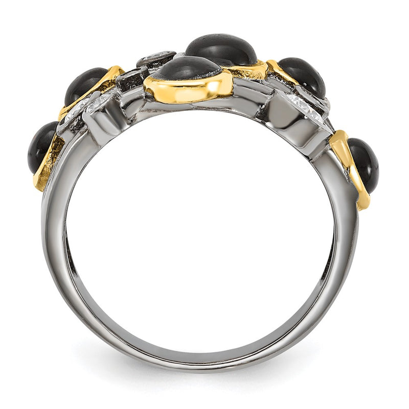 Sterling Silver Cheryl M Black Rhodium W/Gold-Plating Onyx & Cz Ring