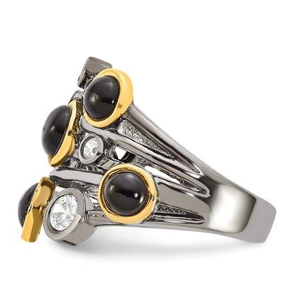 Sterling Silver Cheryl M Black Rhodium W/Gold-Plating Onyx & Cz Ring
