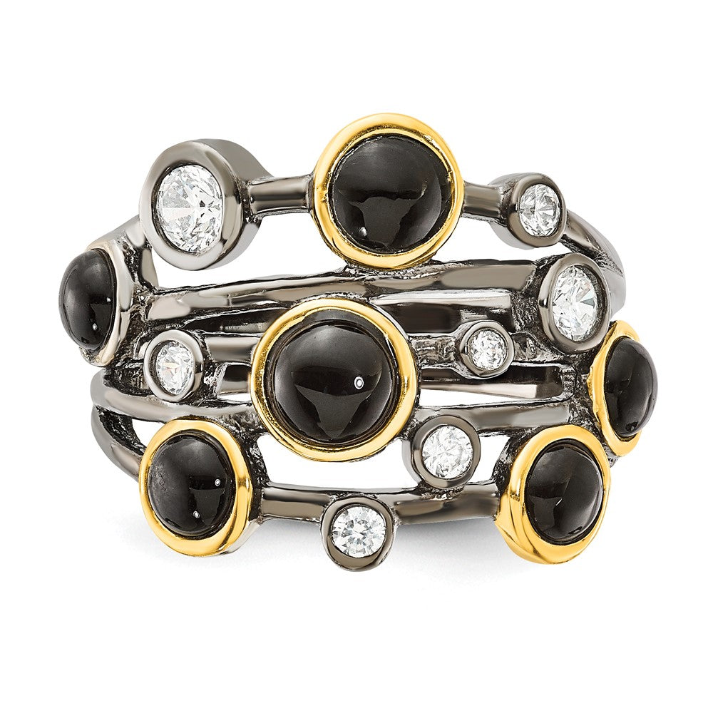 Sterling Silver Cheryl M Black Rhodium W/Gold-Plating Onyx & Cz Ring