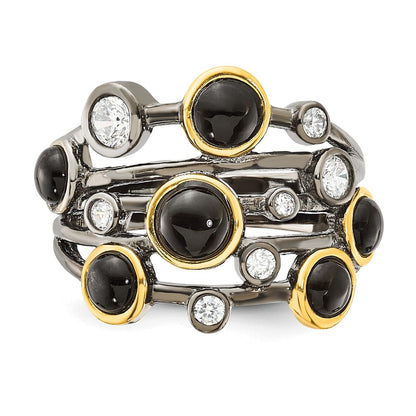 Sterling Silver Cheryl M Black Rhodium W/Gold-Plating Onyx & Cz Ring