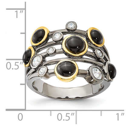 Sterling Silver Cheryl M Black Rhodium W/Gold-Plating Onyx & Cz Ring