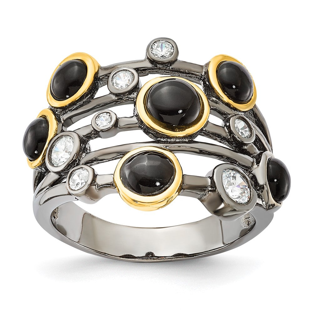 Sterling Silver Cheryl M Black Rhodium W/Gold-Plating Onyx & Cz Ring