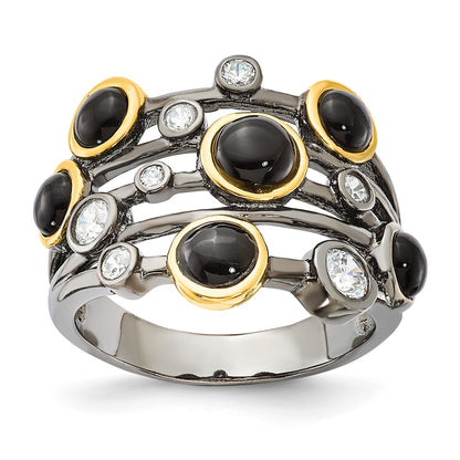 Sterling Silver Cheryl M Black Rhodium W/Gold-Plating Onyx & Cz Ring