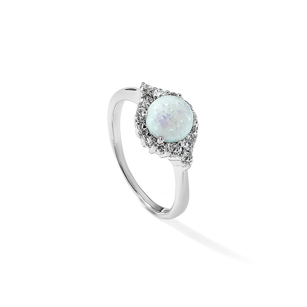 Sterling Silver Cheryl M Rhodium-Plated Cabochon Lab Created Opal And Brilliant-Cut Cz Ring