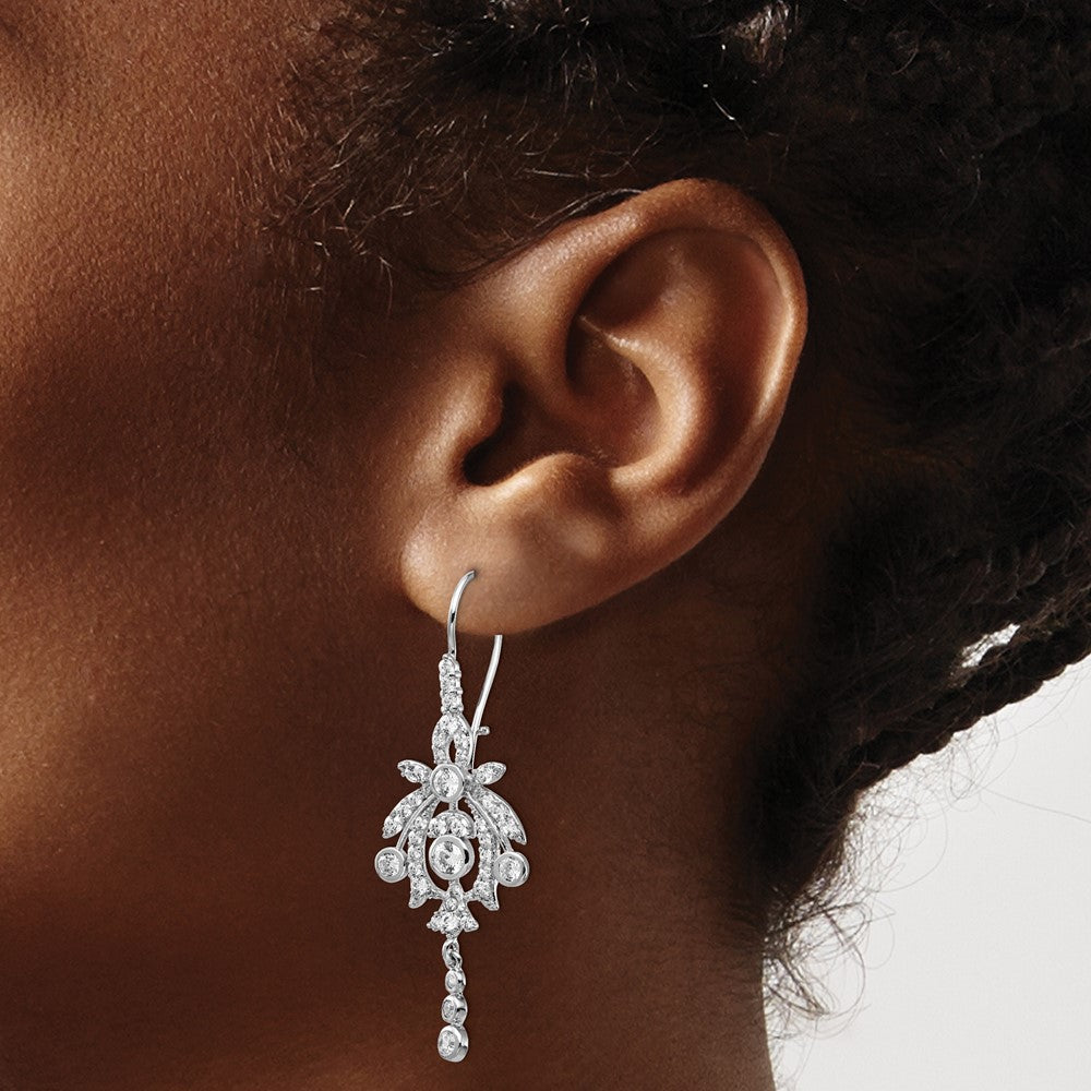 Sterling Silver Cheryl M Rhodium-Plated Fancy Brilliant-Cut Bezel Cz Kidney Wire Dangle Earrings