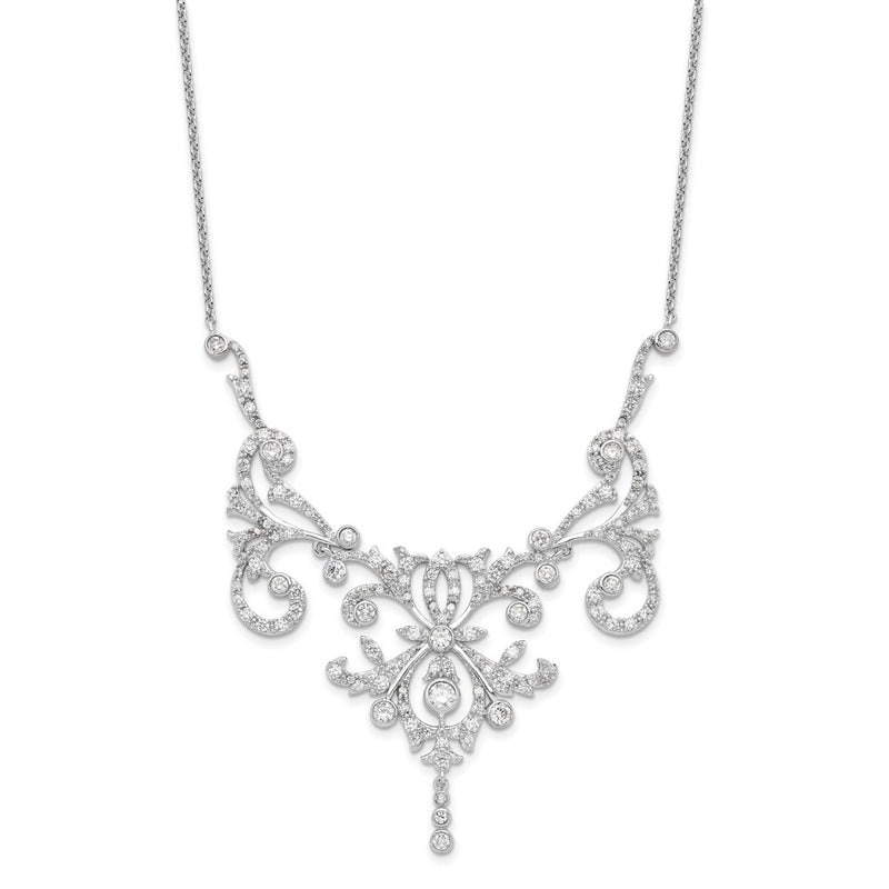 Sterling Silver Cheryl M Rhodium-Plated Brilliant-Cut Cz Bezel Fancy Scroll 17 Inch Necklace With 2 Extender