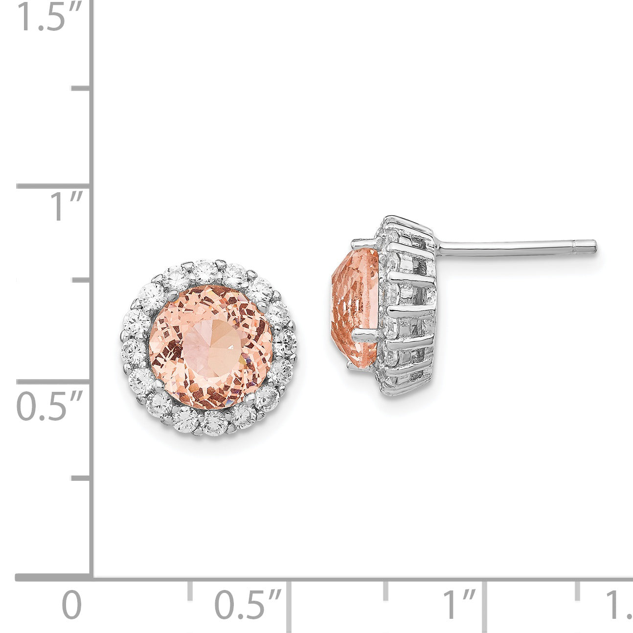 Sterling Silver Cheryl M Rhodium-Plated 100 Facet Simulated Morganite And White Brilliant-Cut Cz Halo Post Earrings