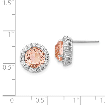 Sterling Silver Cheryl M Rhodium-Plated 100 Facet Simulated Morganite And White Brilliant-Cut Cz Halo Post Earrings